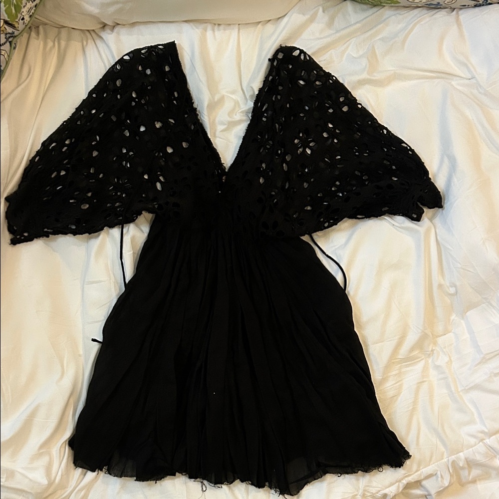 Free People Black Lace Detail V-Neck Mini Dress